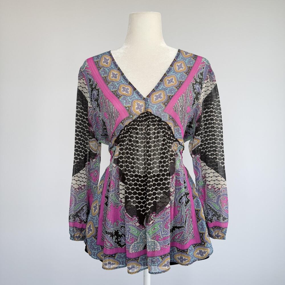 Rose + Olive Tunic Blouse Womens M Multicolor Paisley V Neck Sheer Chiffon Top